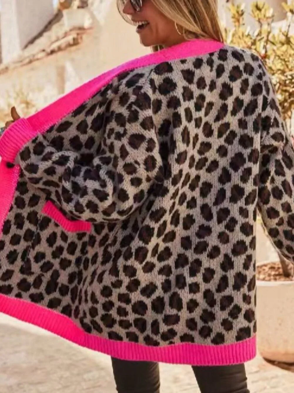 Multicolor Women's Leopard Print Contrast Binding V-Neck Button Cardigan